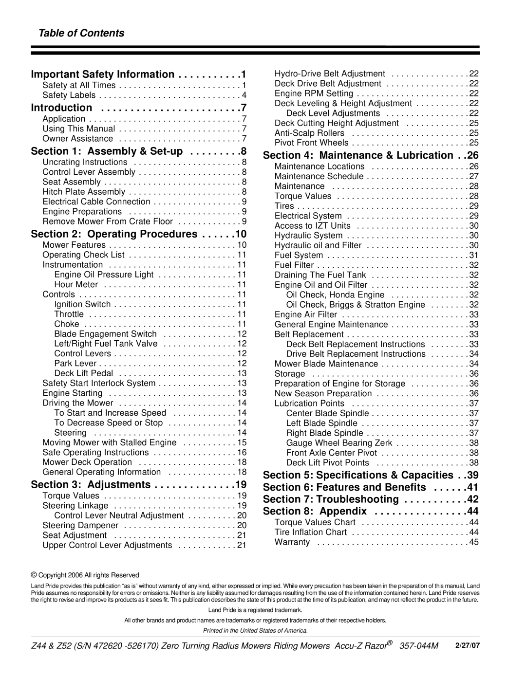 Land Pride 357-044M manual Table of Contents 