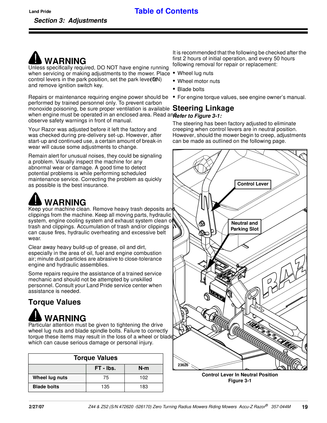 Land Pride 357-044M manual Torque Values, Steering Linkage, FT lbs 