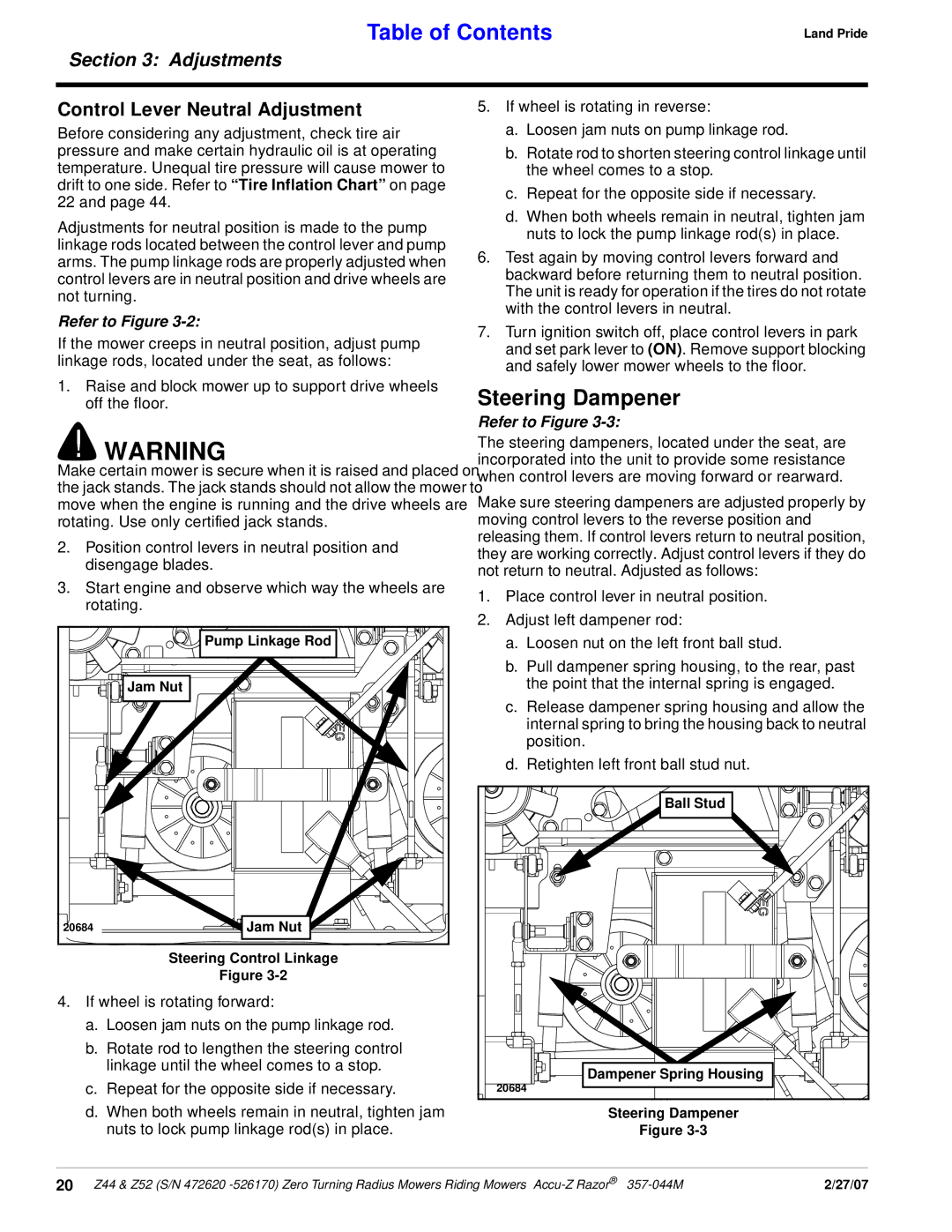 Land Pride 357-044M manual Steering Dampener, Control Lever Neutral Adjustment 