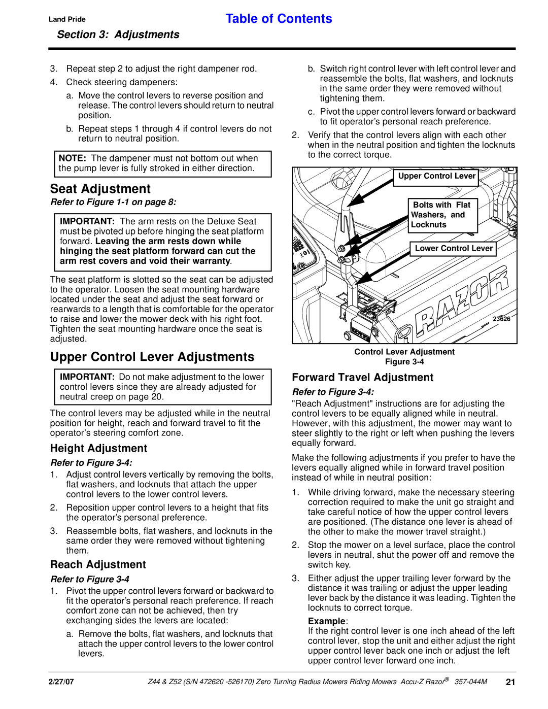 Land Pride 357-044M manual Seat Adjustment, Upper Control Lever Adjustments, Height Adjustment, Reach Adjustment 