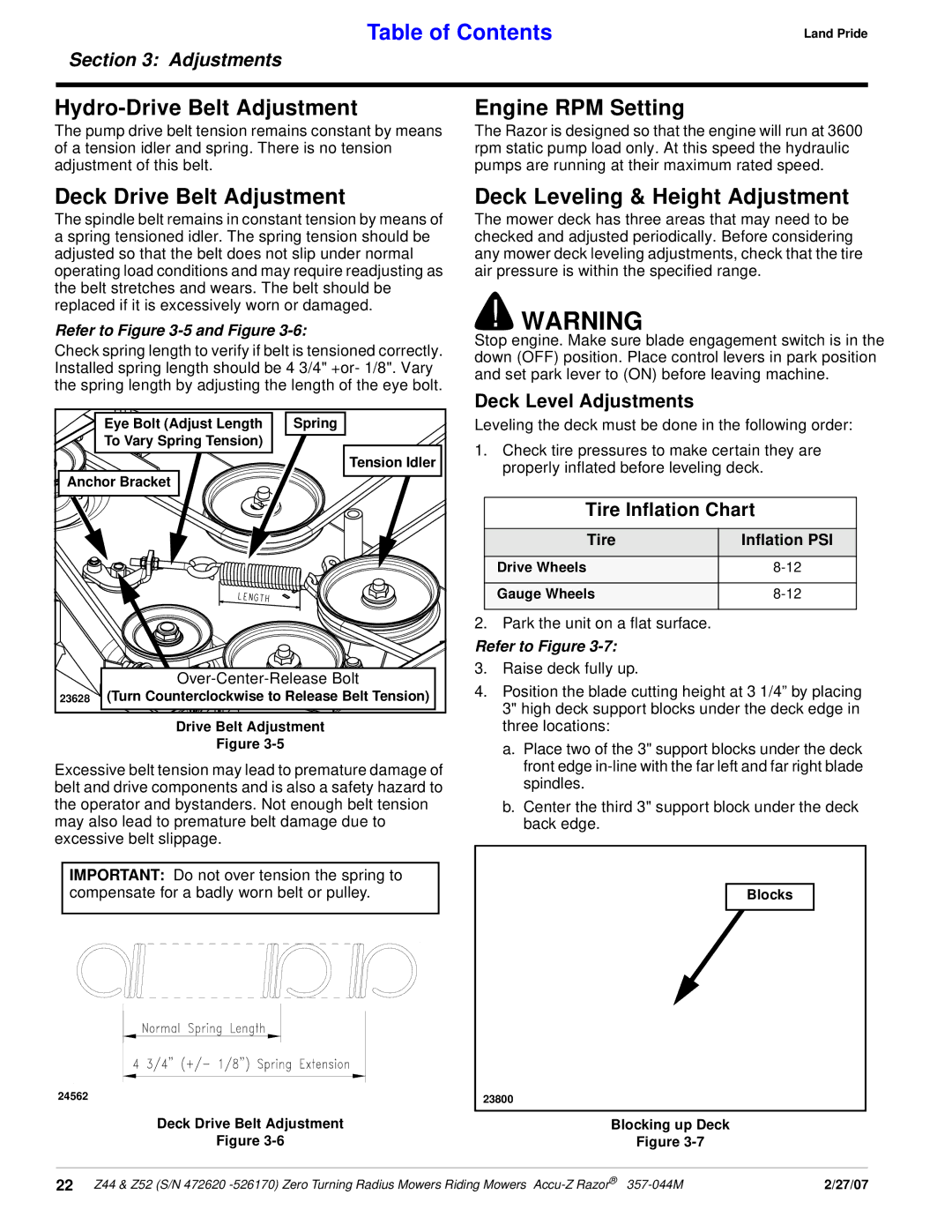 Land Pride 357-044M manual Hydro-Drive Belt Adjustment, Engine RPM Setting, Deck Drive Belt Adjustment 