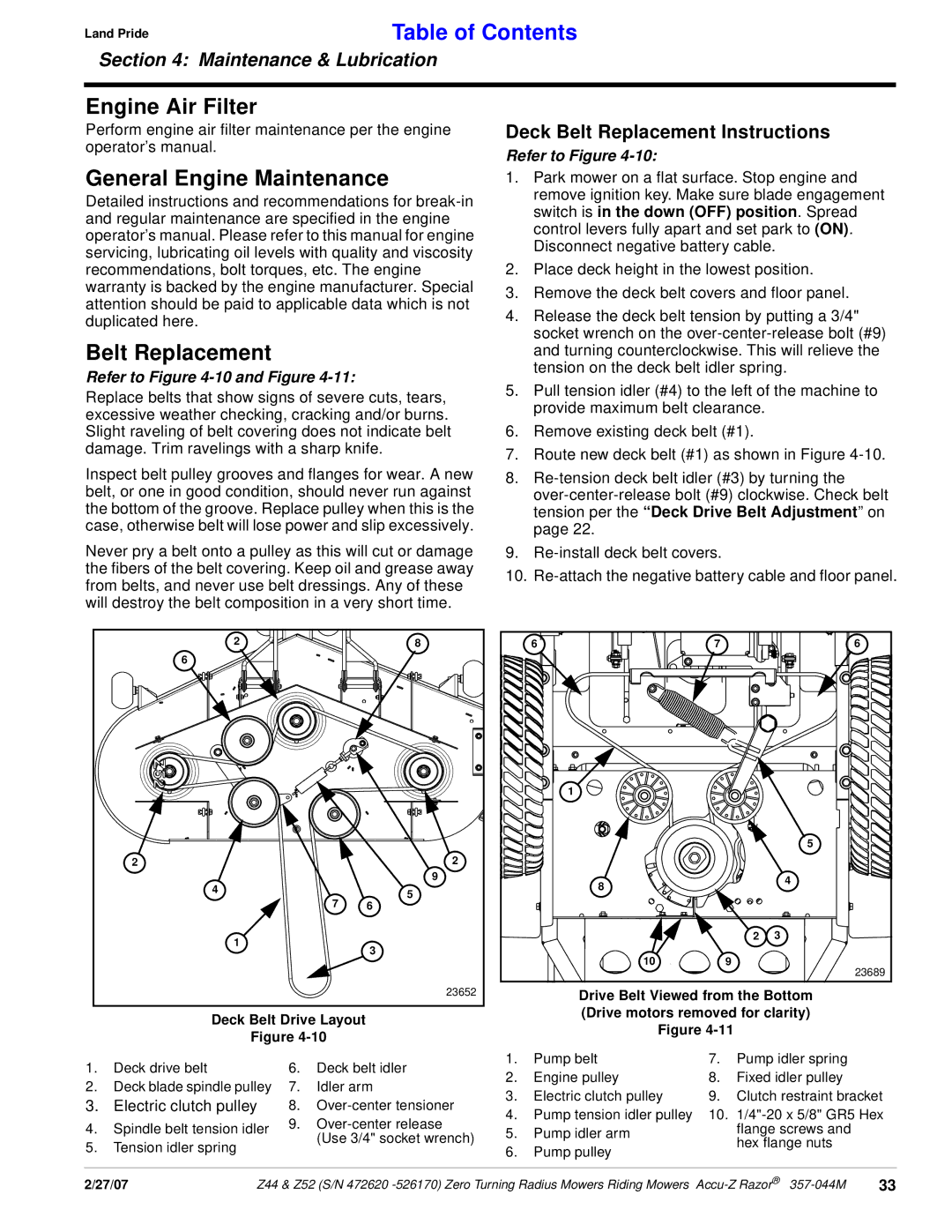 Land Pride 357-044M manual Engine Air Filter, General Engine Maintenance, Deck Belt Replacement Instructions 