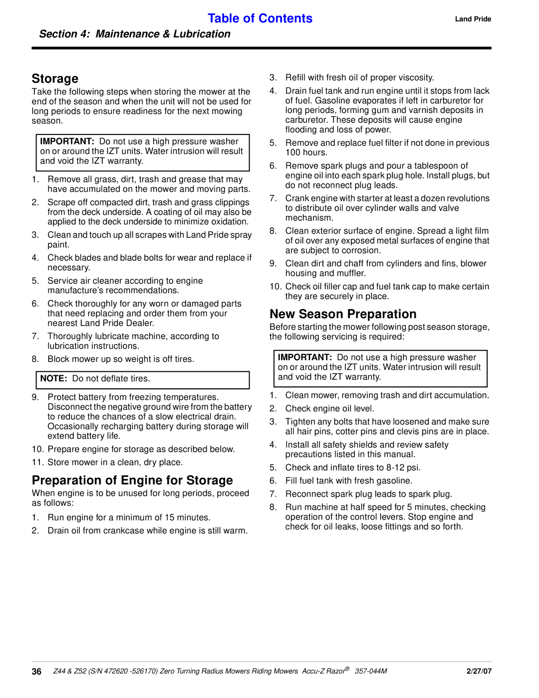 Land Pride 357-044M manual Preparation of Engine for Storage, New Season Preparation 