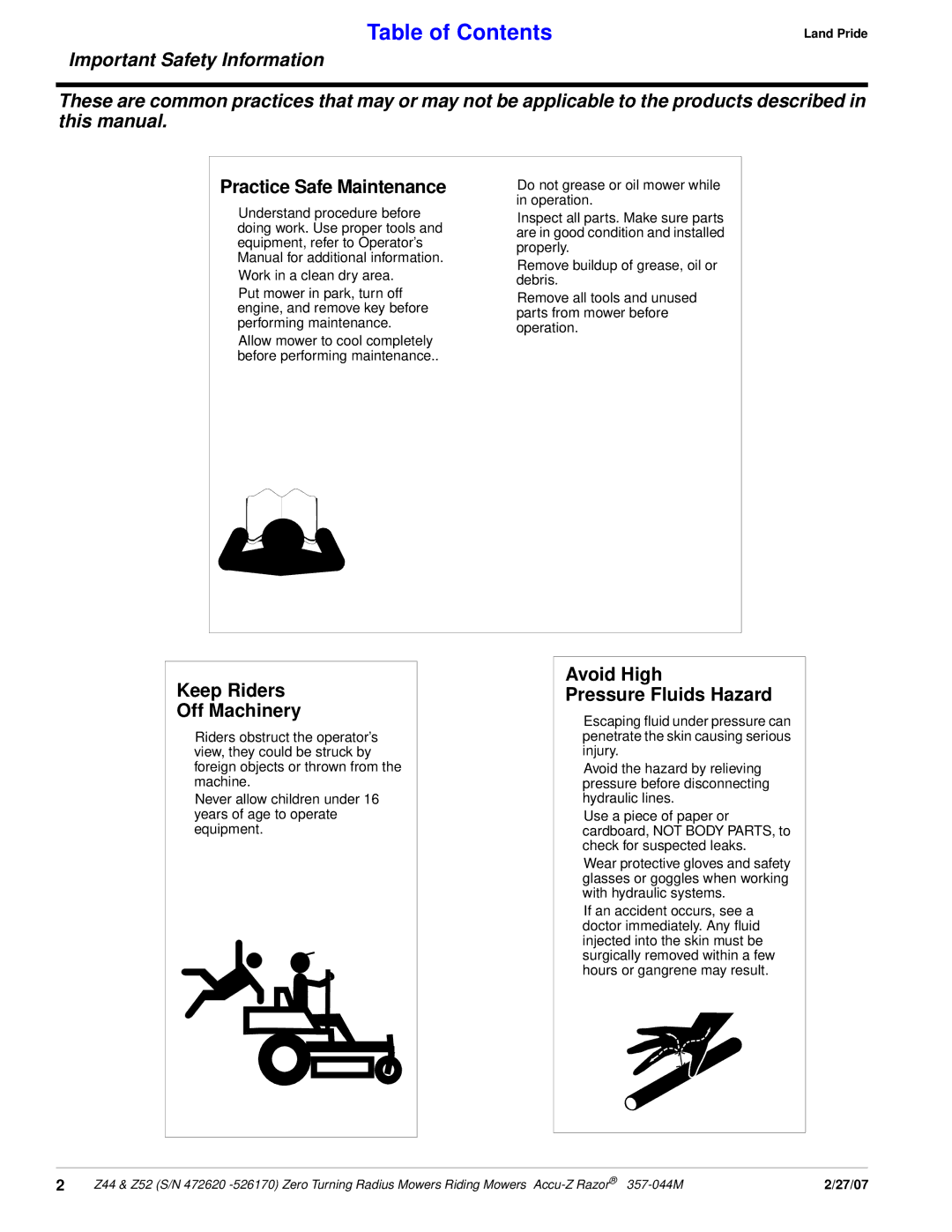 Land Pride 357-044M manual Practice Safe Maintenance, Keep Riders Off Machinery, Avoid High Pressure Fluids Hazard 