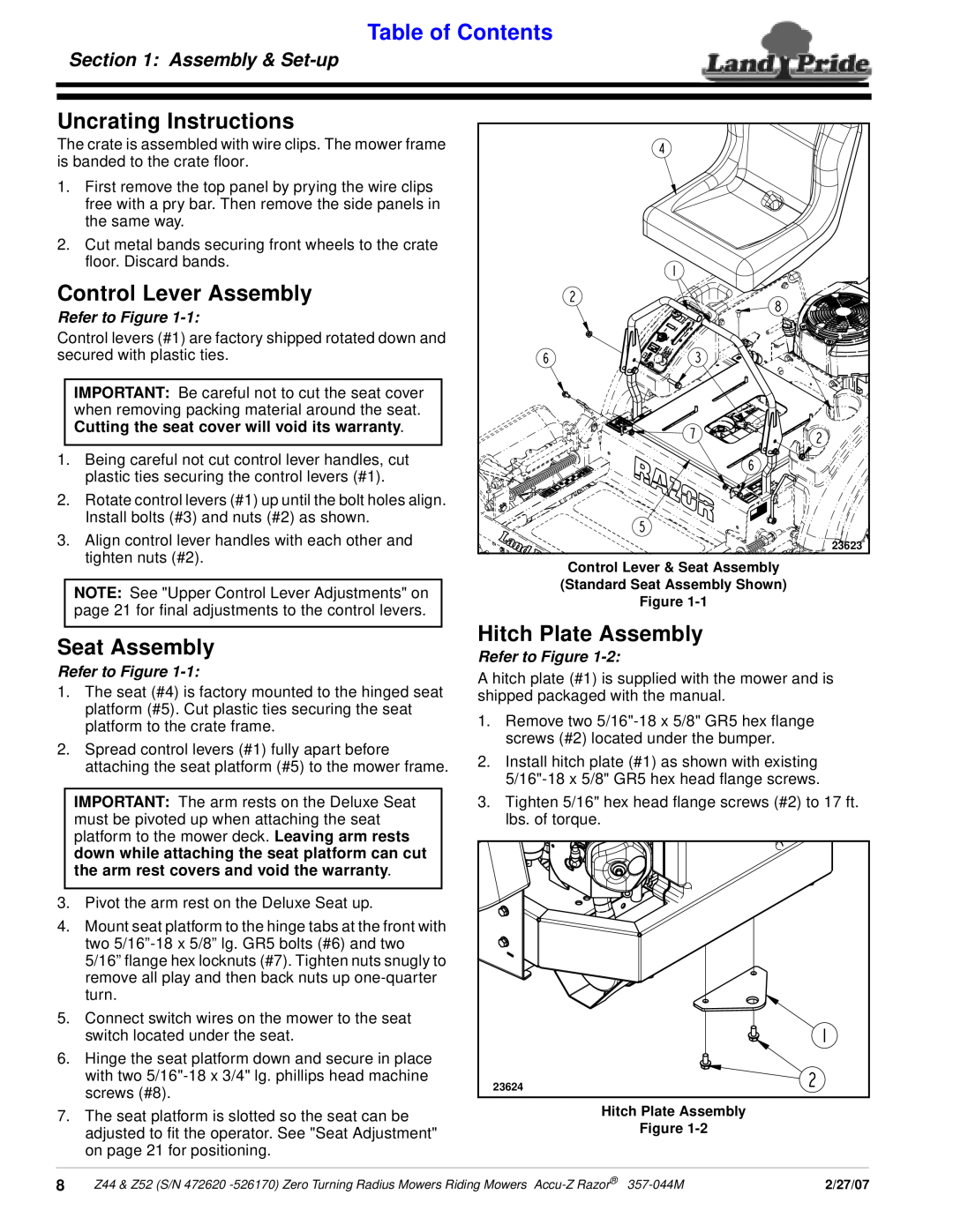 Land Pride 357-044M Uncrating Instructions, Control Lever Assembly, Seat Assembly, Hitch Plate Assembly, Assembly & Set-up 