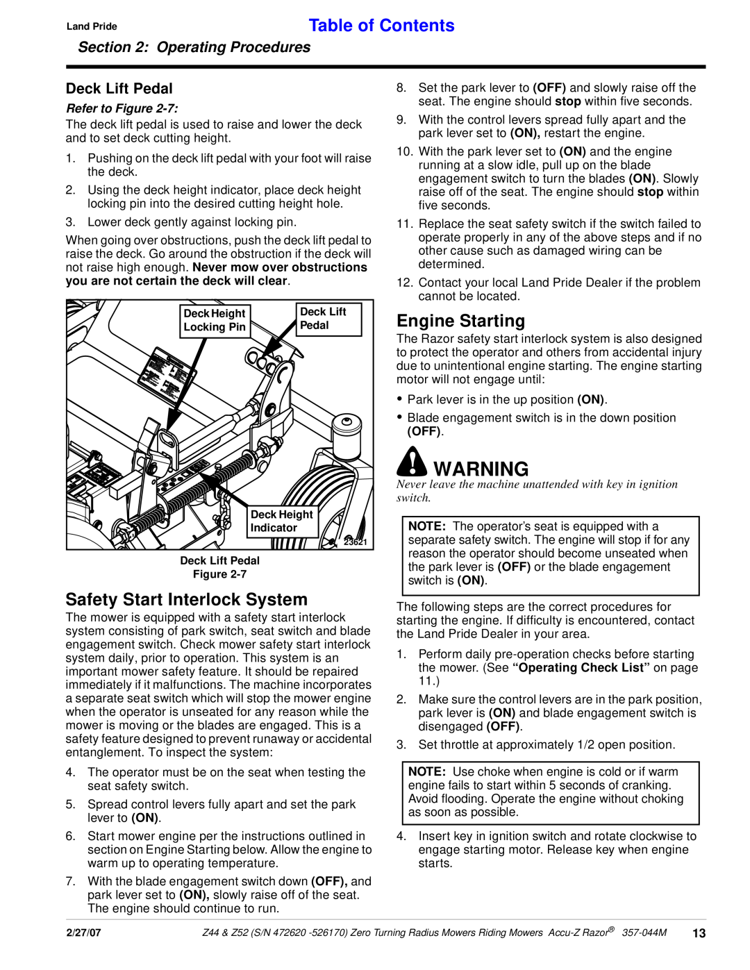 Land Pride 357-044M manual Safety Start Interlock System, Engine Starting, Deck Lift Pedal, Land PrideTable of Contents 