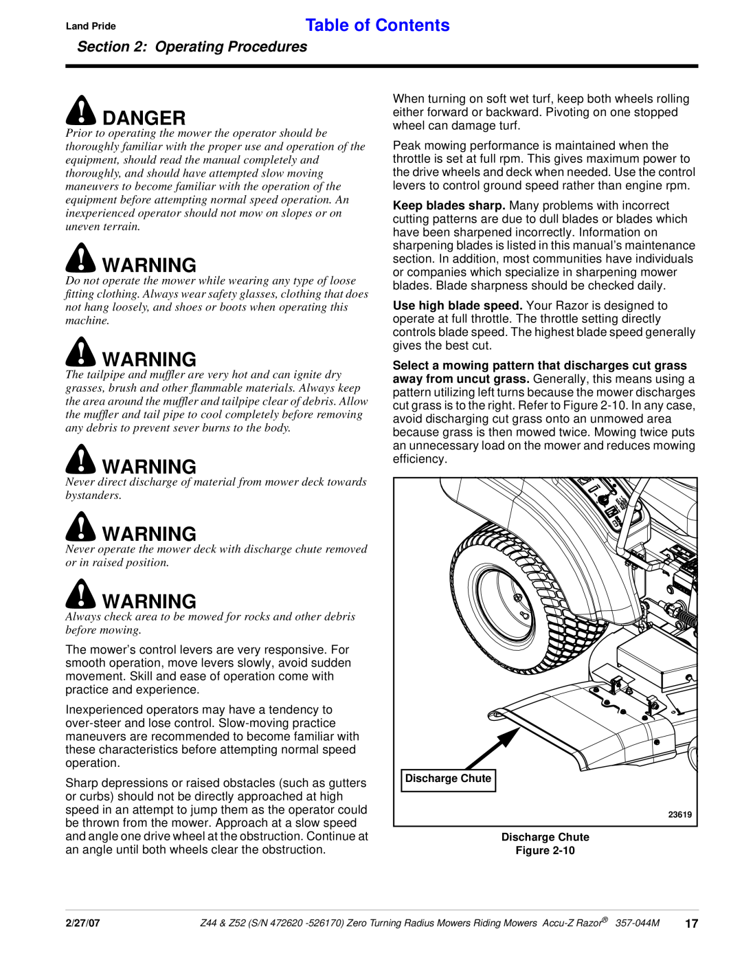 Land Pride 357-044M manual Danger, Land PrideTable of Contents, Operating Procedures 
