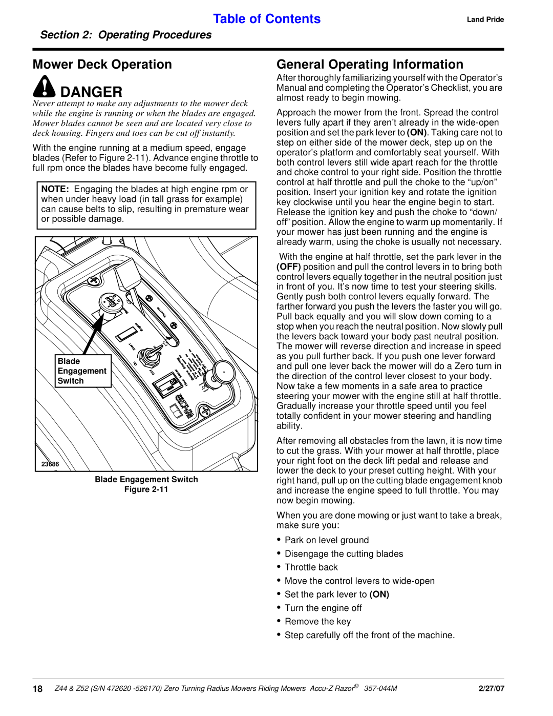 Land Pride 357-044M Mower Deck Operation, General Operating Information, Danger, Table of Contents, Operating Procedures 