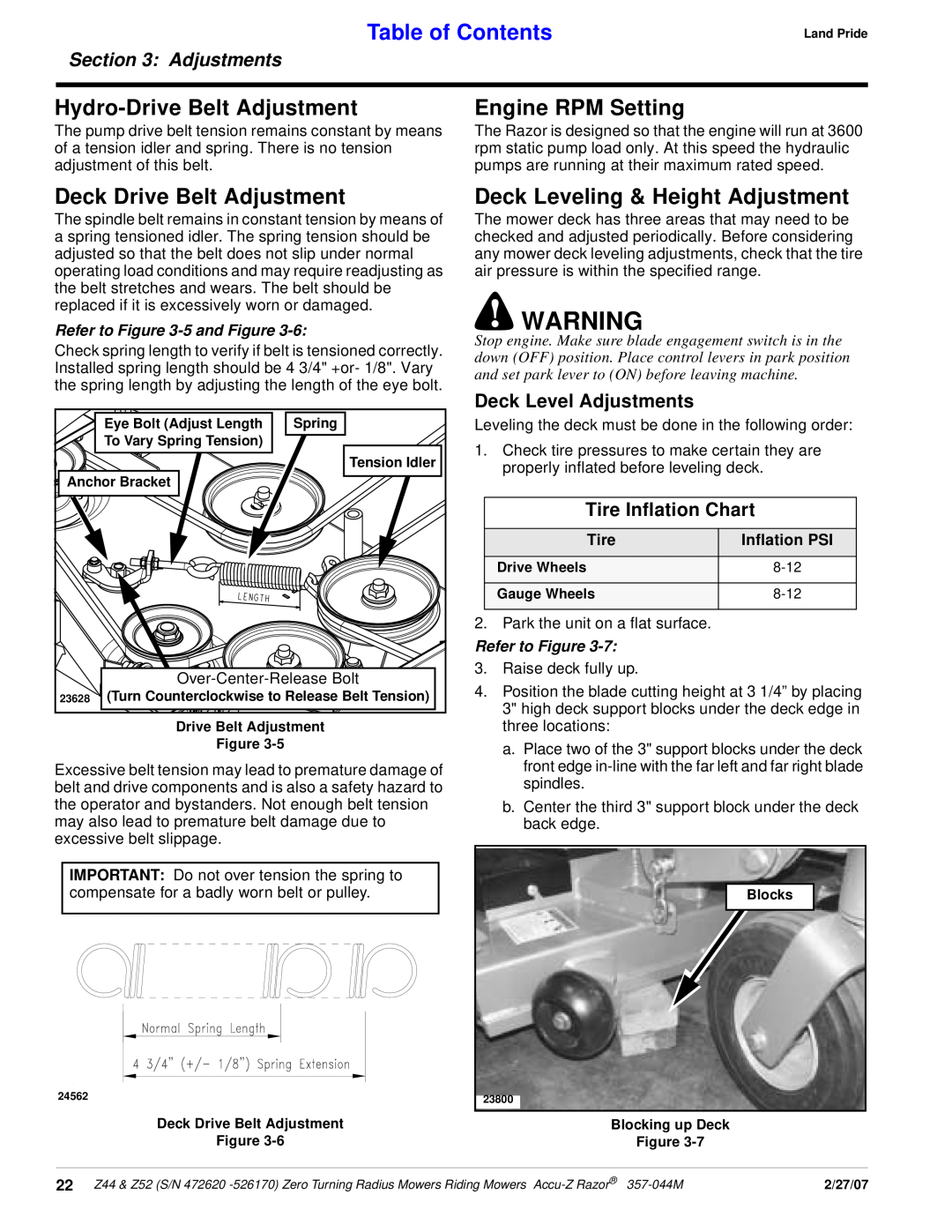 Land Pride 357-044M Hydro-Drive Belt Adjustment, Engine RPM Setting, Deck Drive Belt Adjustment, Deck Level Adjustments 