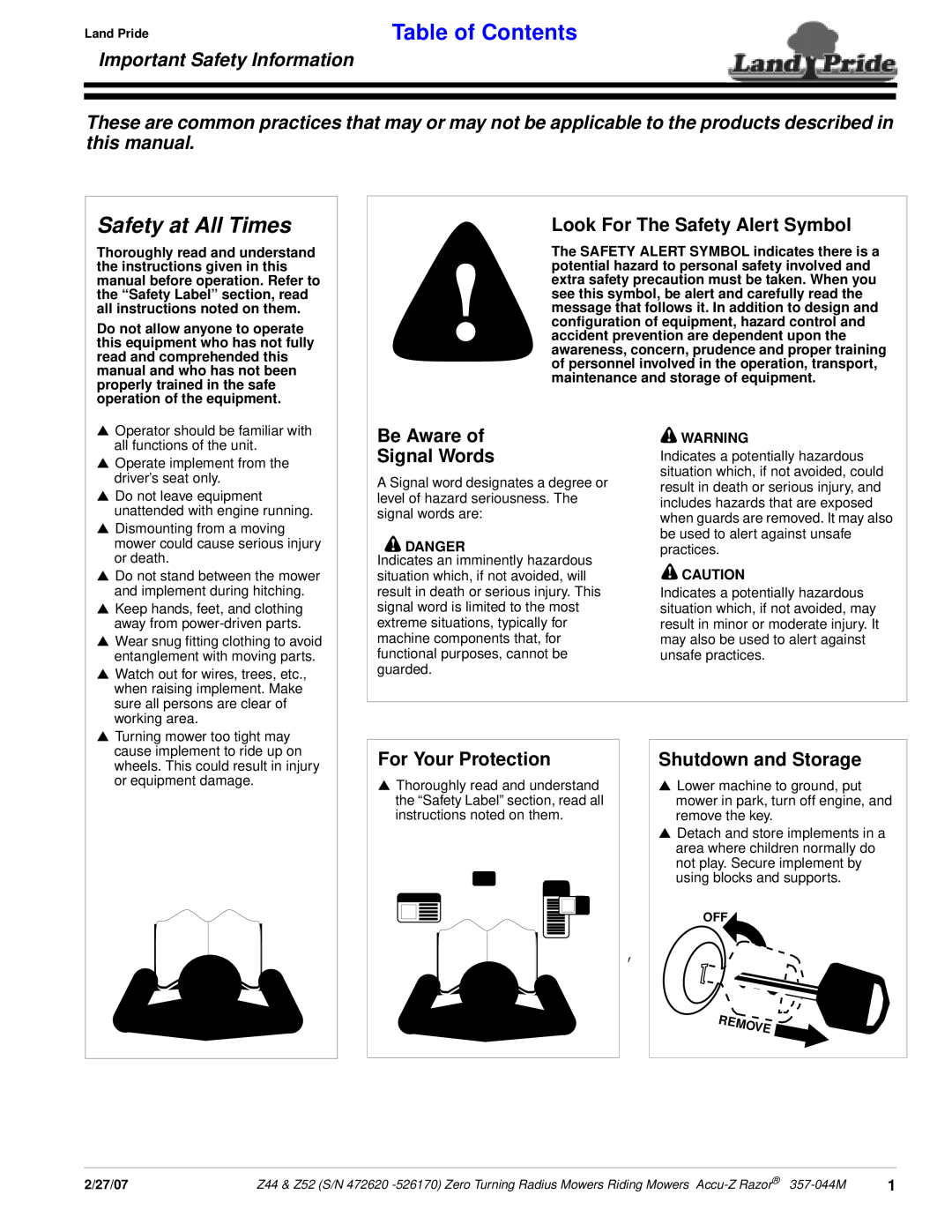 Land Pride 357-044M Safety at All Times, Table of Contents, Important Safety Information, Look For The Safety Alert Symbol 