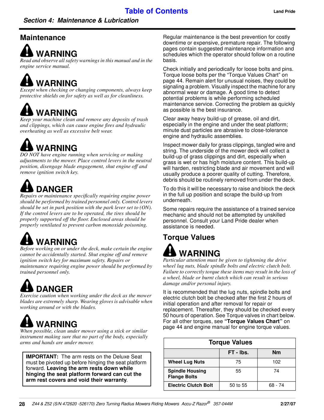 Land Pride 357-044M manual Danger, Table of Contents, Torque Values, Maintenance & Lubrication, FT - lbs 