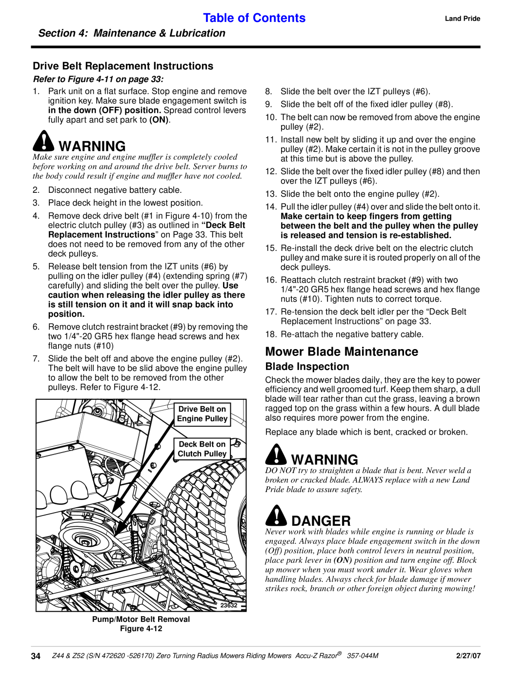 Land Pride 357-044M Mower Blade Maintenance, Drive Belt Replacement Instructions, Blade Inspection, Refer to -11 on page 