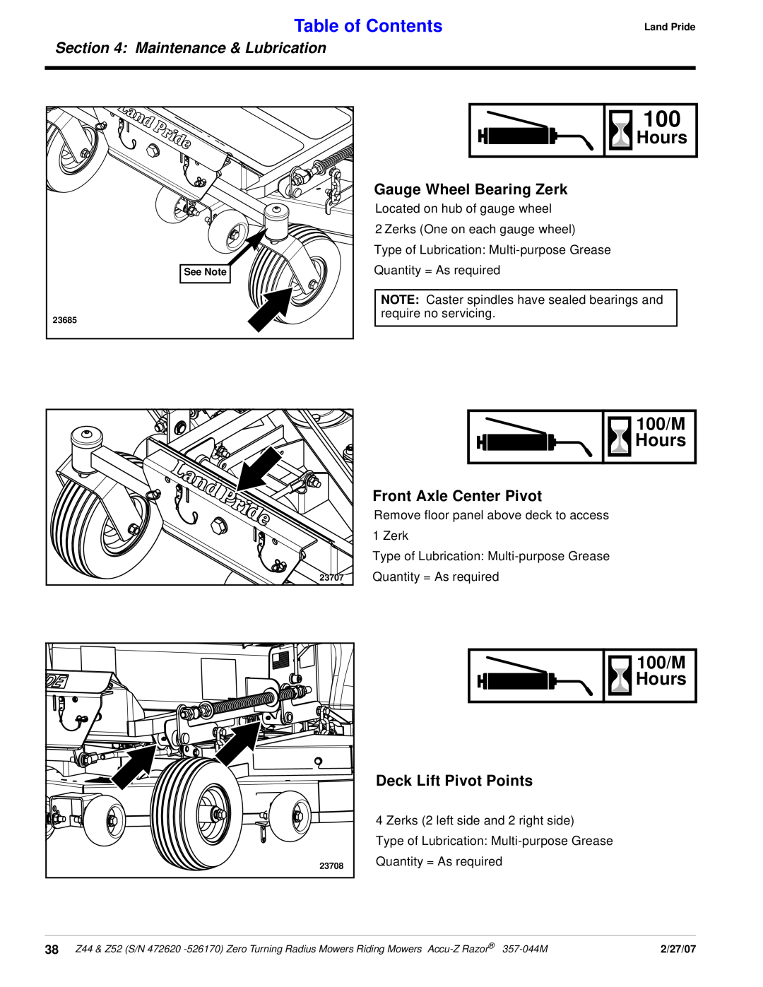 Land Pride 357-044M manual 100/M Hours, Gauge Wheel Bearing Zerk, Front Axle Center Pivot, Deck Lift Pivot Points 