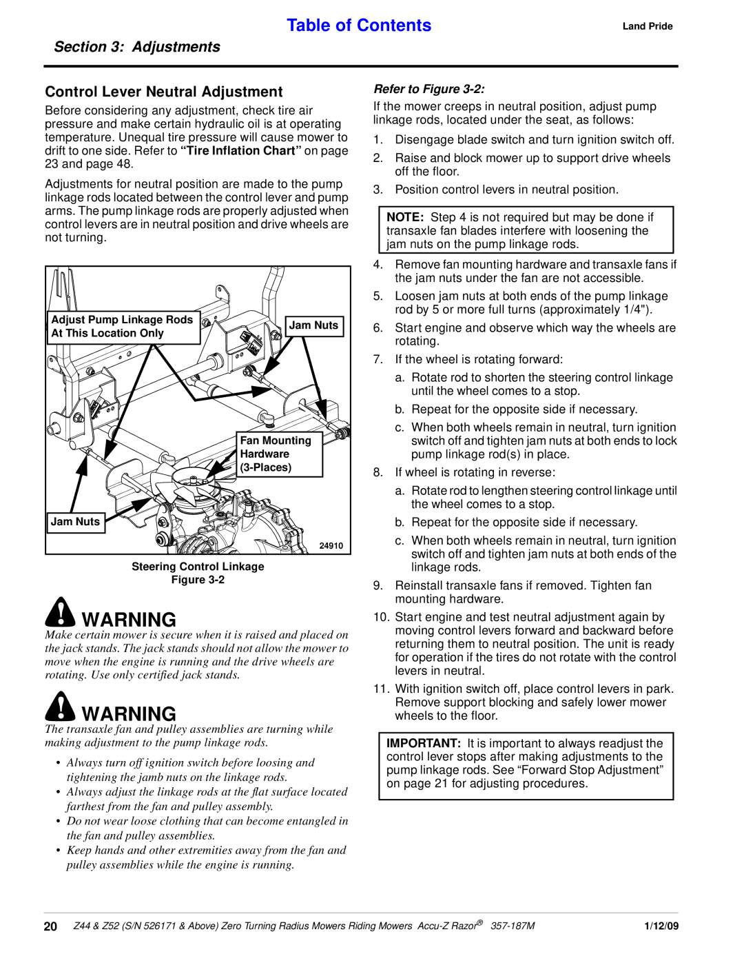 Land Pride 357-187M manual Control Lever Neutral Adjustment, Adjust Pump Linkage Rods Jam Nuts At This Location Only 