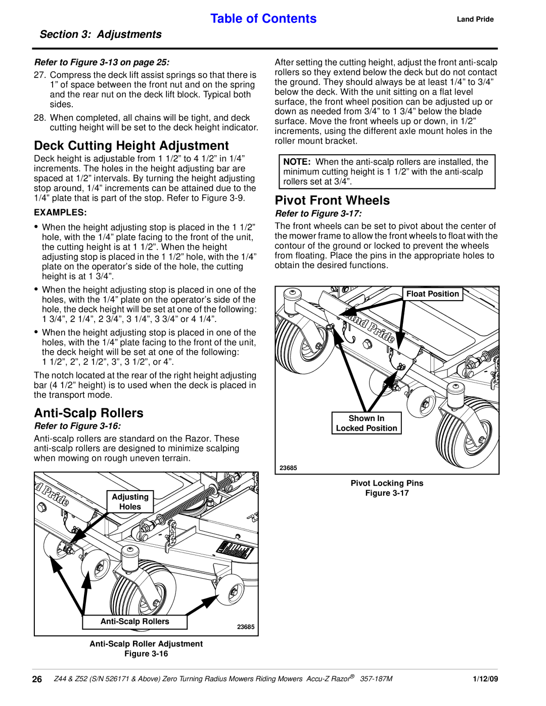 Land Pride 357-187M manual Deck Cutting Height Adjustment, Anti-Scalp Rollers, Pivot Front Wheels, Refer to -13 on 
