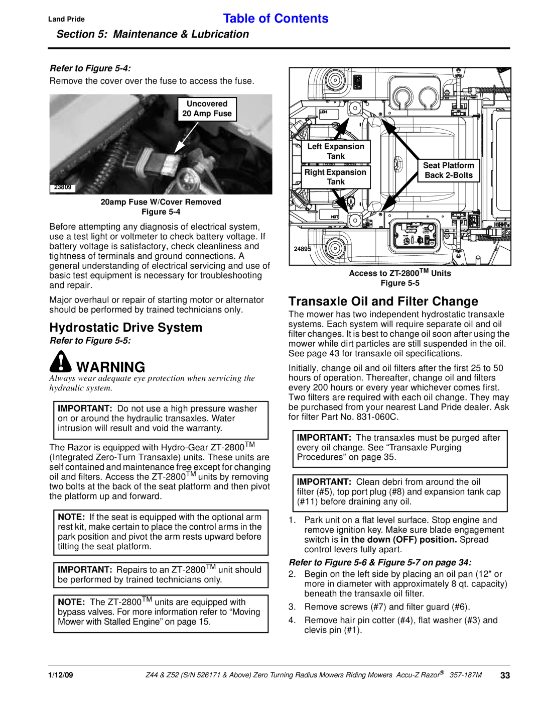 Land Pride 357-187M manual Hydrostatic Drive System, Transaxle Oil and Filter Change, Refer to -6 & -7 on 