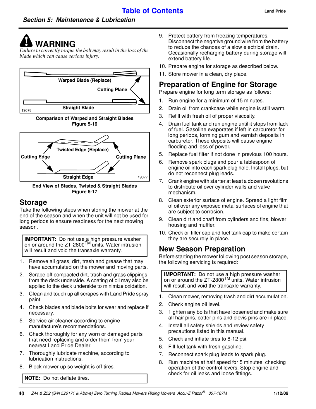 Land Pride 357-187M manual Preparation of Engine for Storage, New Season Preparation 