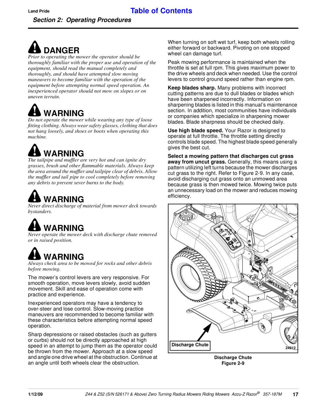 Land Pride 357-187M manual Danger, Land PrideTable of Contents, Operating Procedures 