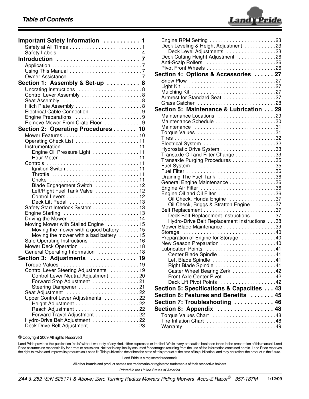 Land Pride 357-187M Table of Contents, Important Safety Information, Introduction, Assembly & Set-up, Operating Procedures 