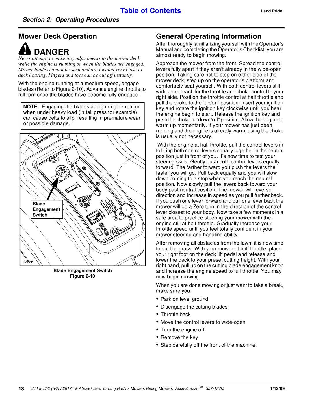 Land Pride 357-187M Mower Deck Operation, General Operating Information, Danger, Table of Contents, Operating Procedures 