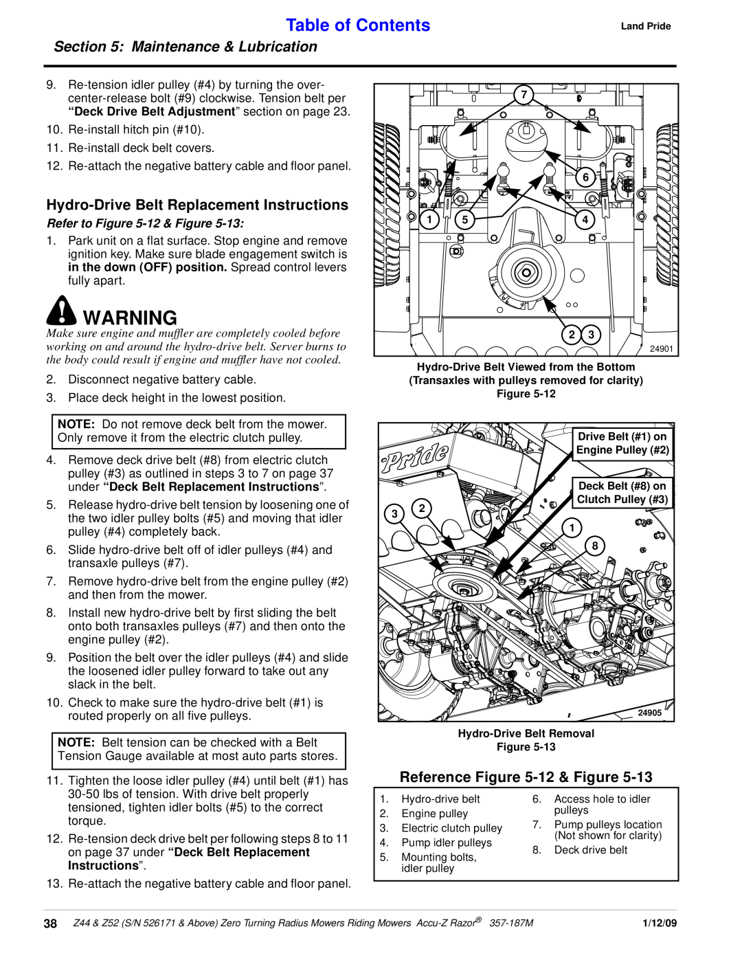 Land Pride 357-187M manual Hydro-Drive Belt Replacement Instructions, Reference -12 & Figure, Refer to -12 & Figure 