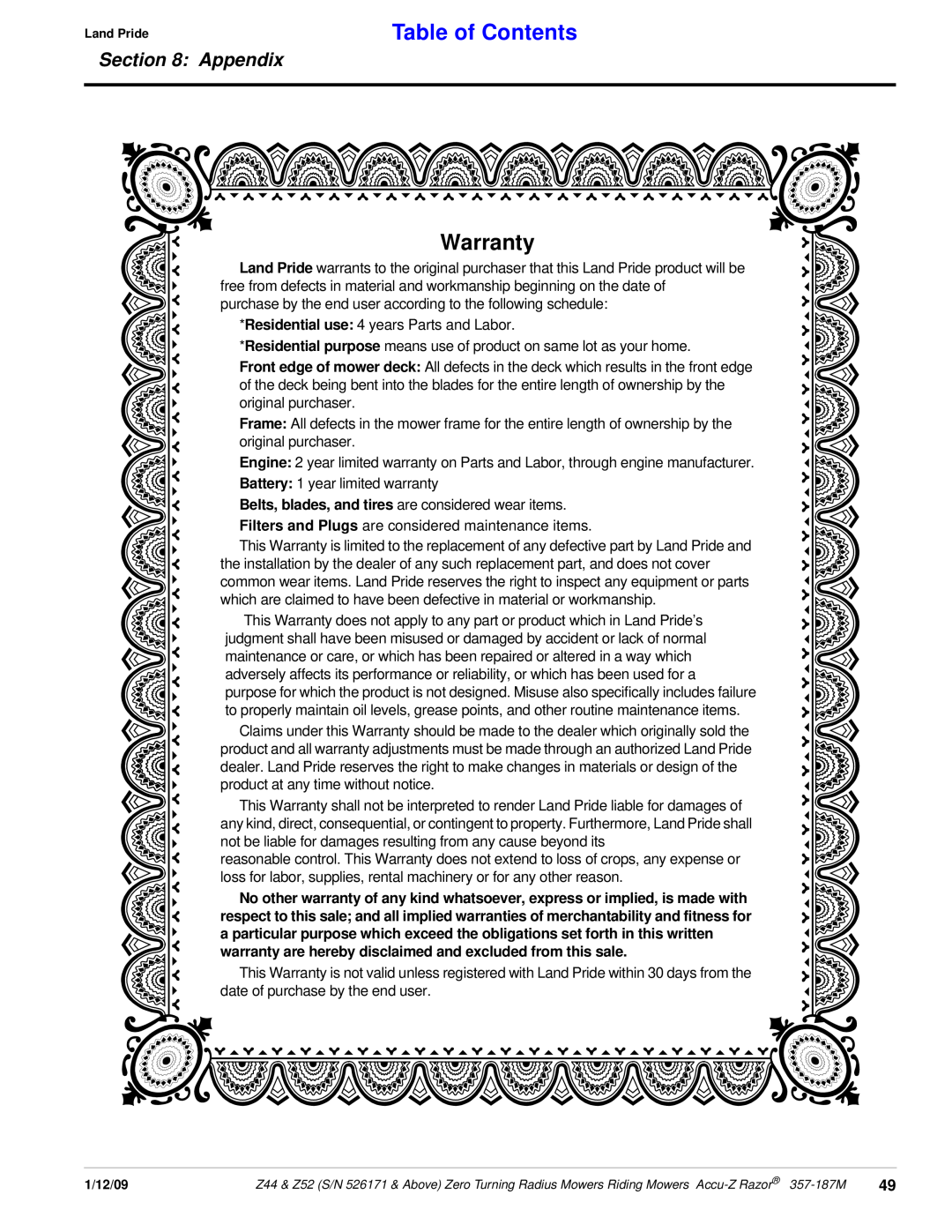 Land Pride 357-187M manual Warranty, Table of Contents, Appendix 
