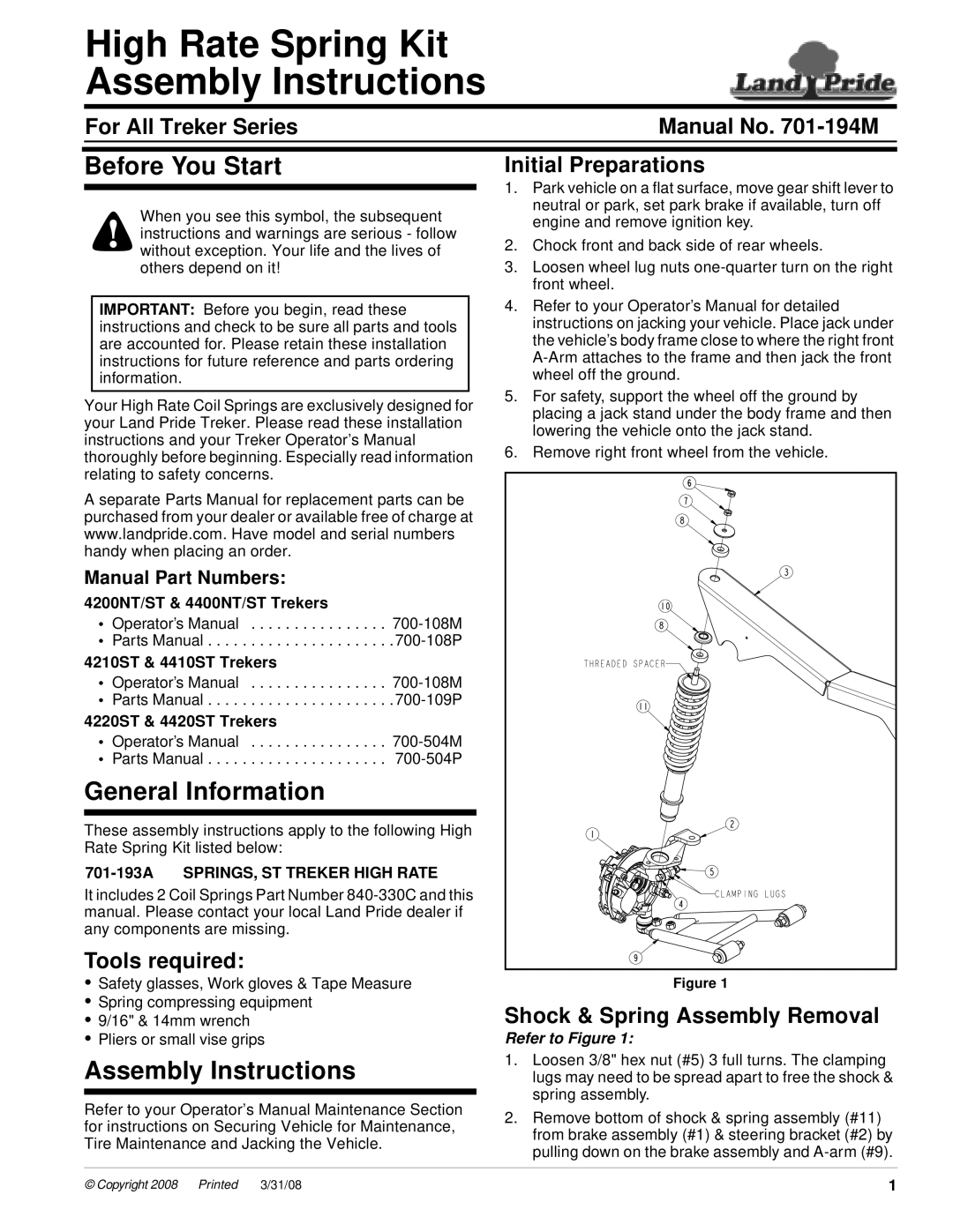 Land Pride ST installation instructions Before You Start, General Information, Assembly Instructions, Manual No. 701-194M 