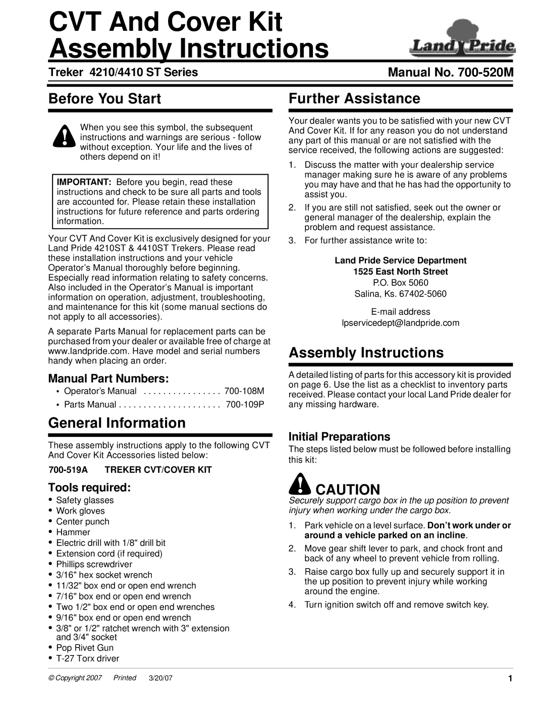 Land Pride installation instructions Treker 4210/4410 ST Series, Manual Part Numbers, Tools required 