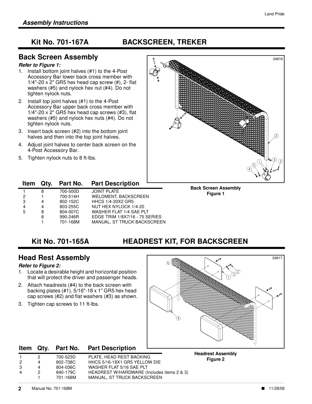 Land Pride 4220ST Kit No. 701-167A, Backscreen, Treker, Back Screen Assembly, Kit No. 701-165A, Head Rest Assembly 