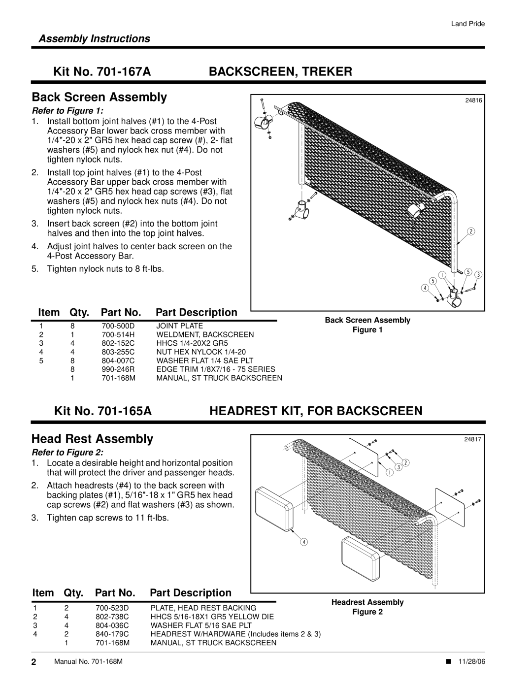 Land Pride 4220ST installation instructions BACKSCREEN, Treker, Headrest KIT, for Backscreen 