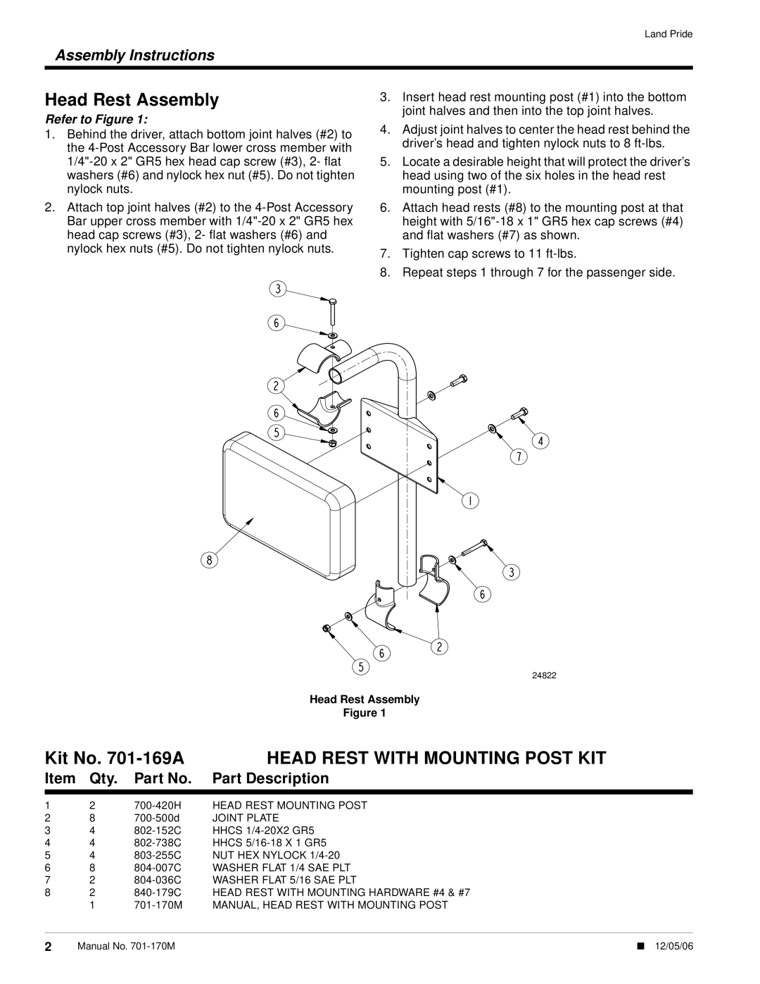 Land Pride 4220ST installation instructions Head Rest Assembly, Kit No -169A 