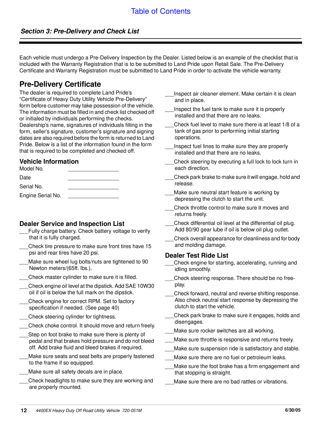 Land Pride 4400ex Pre-Delivery Certificate, Vehicle Information, Dealer Service and Inspection List, Dealer Test Ride List 