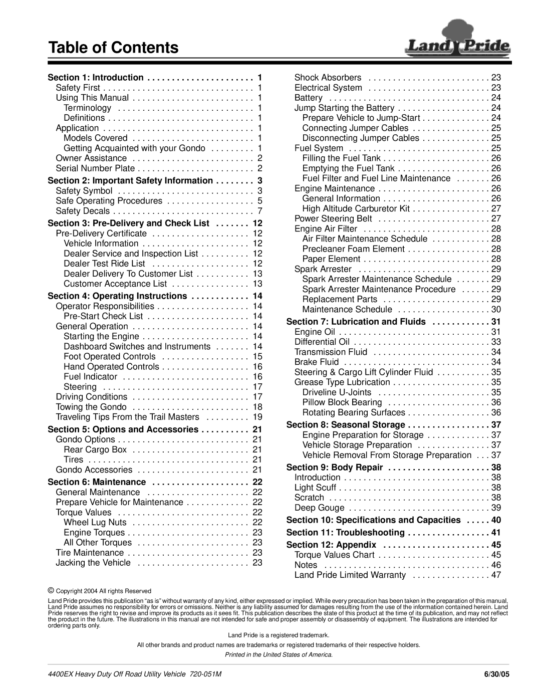 Land Pride 4400ex manual Table of Contents 