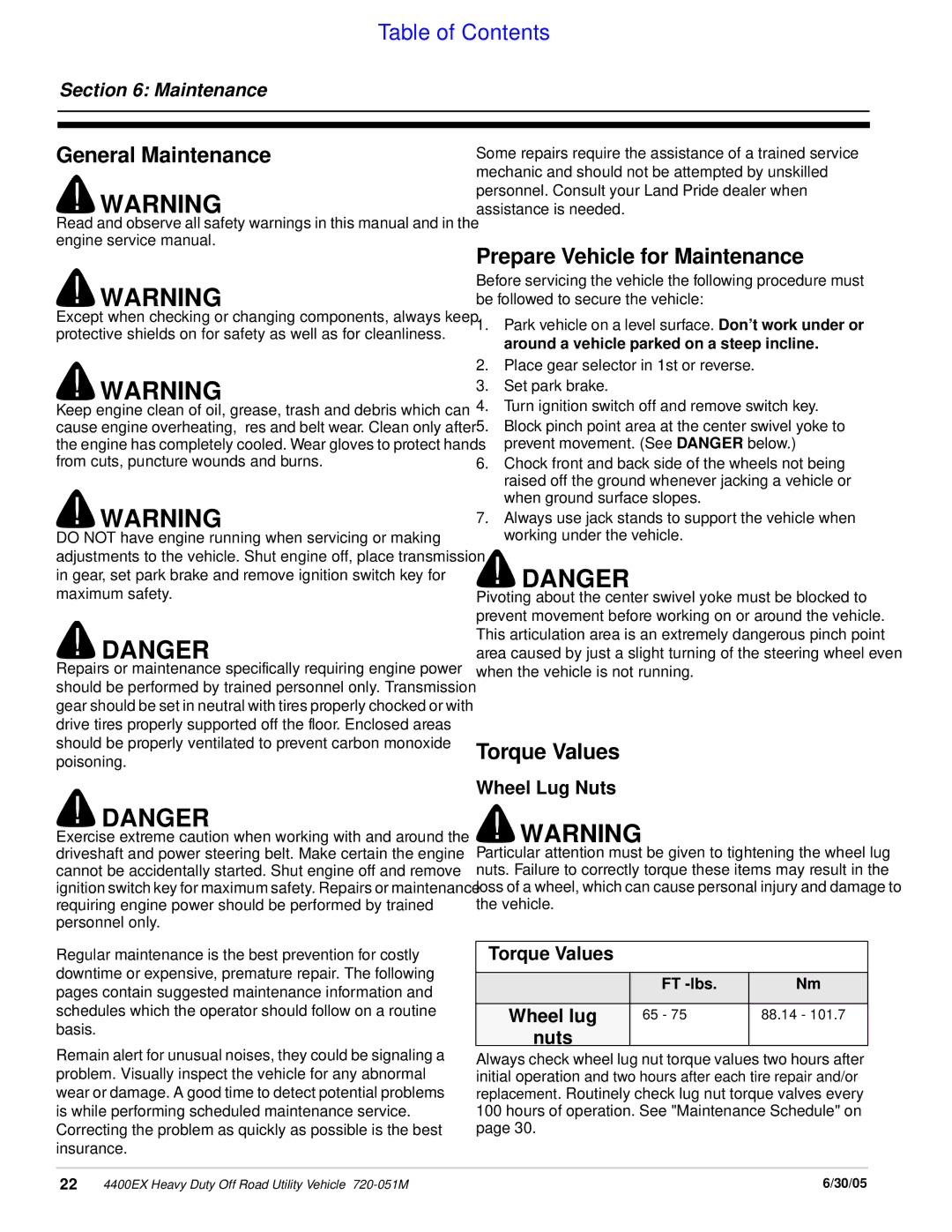 Land Pride 4400ex manual General Maintenance, Prepare Vehicle for Maintenance, Torque Values 