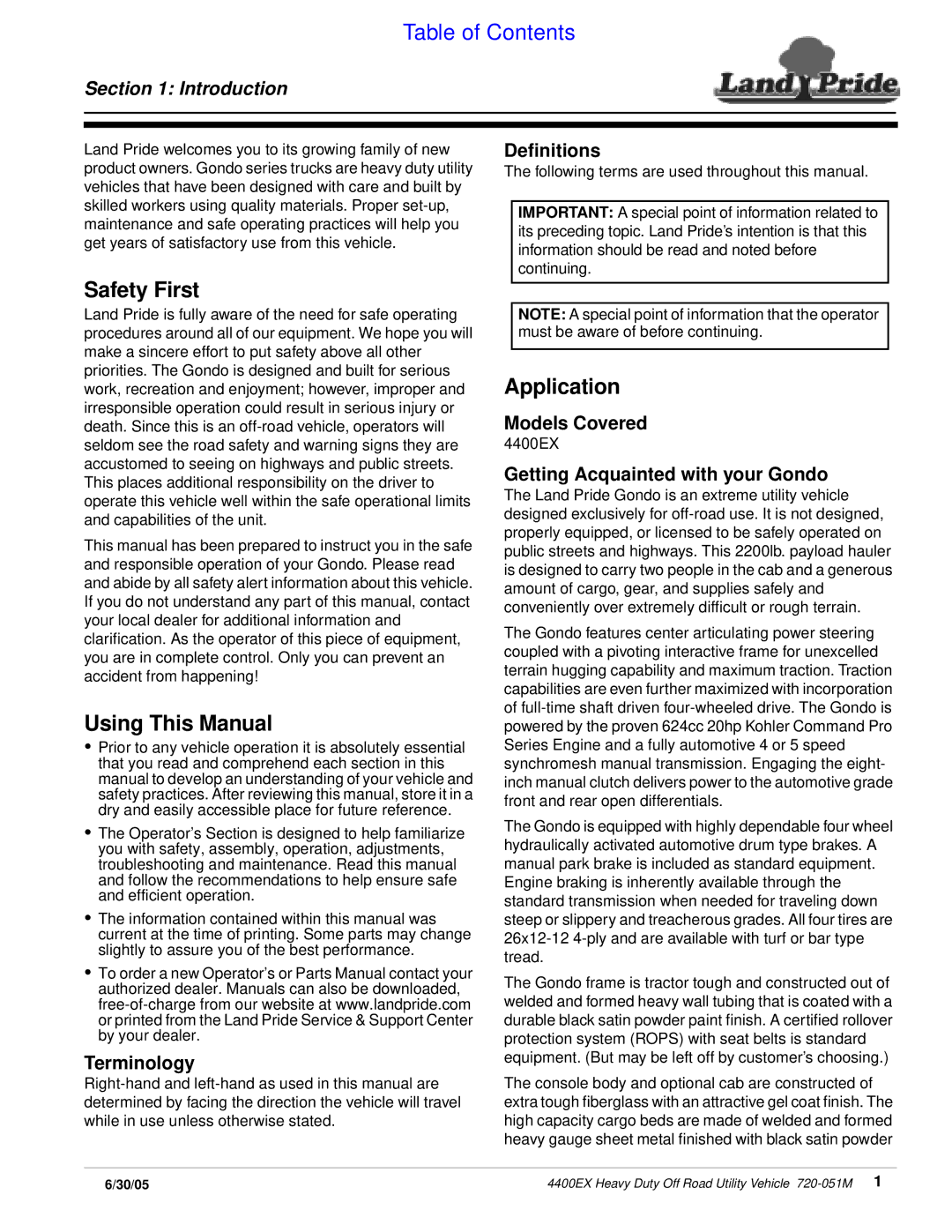 Land Pride 4400ex manual Safety First, Using This Manual, Application 