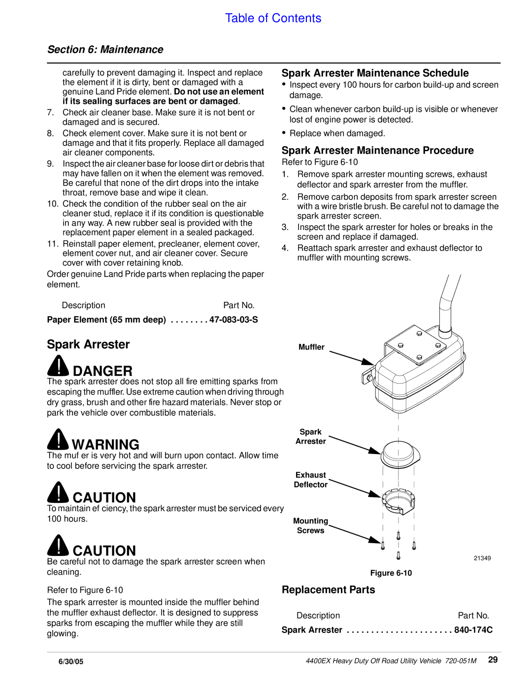 Land Pride 4400ex manual Spark Arrester Maintenance Schedule, Spark Arrester Maintenance Procedure, Replacement Parts 