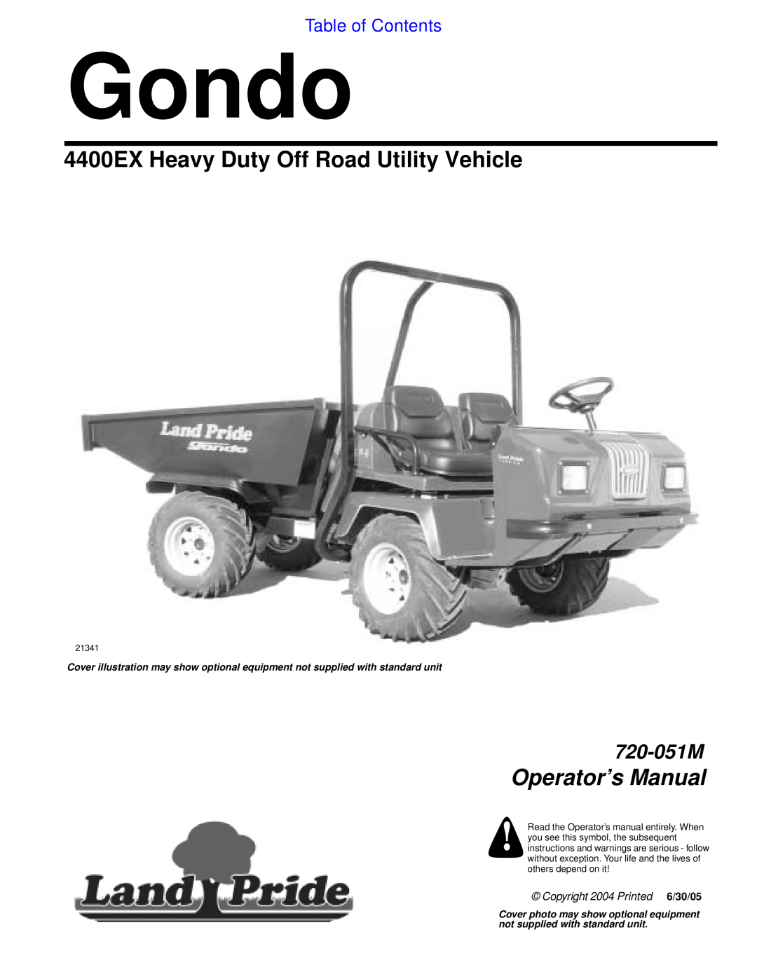 Land Pride 4400ex manual 4400EX Heavy Duty Off Road Utility Vehicle, Table of Contents, Gondo, Operator’s Manual, 720-051M 