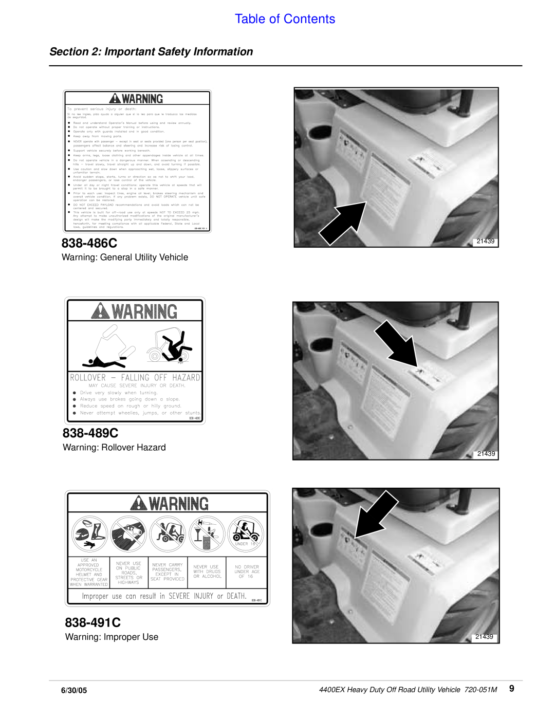 Land Pride 4400ex manual 838-486C, 838-489C, 838-491C, Table of Contents, Important Safety Information, 6/30/05 
