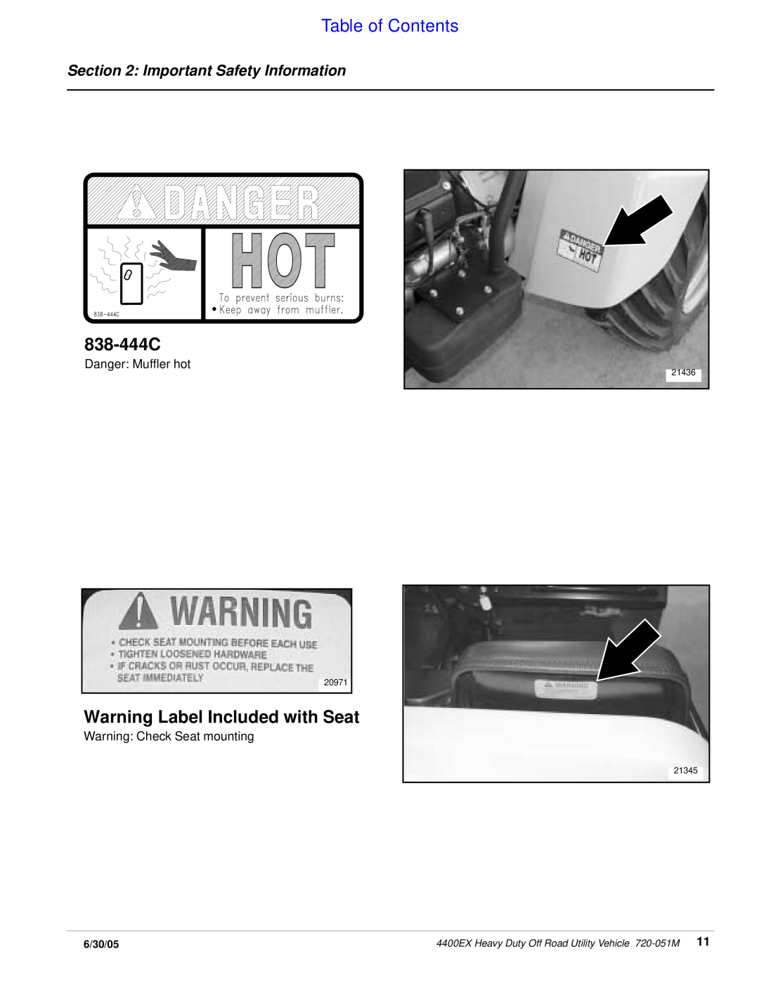 Land Pride 4400ex Warning Label Included with Seat, 838-444C, Table of Contents, Important Safety Information, 6/30/05 