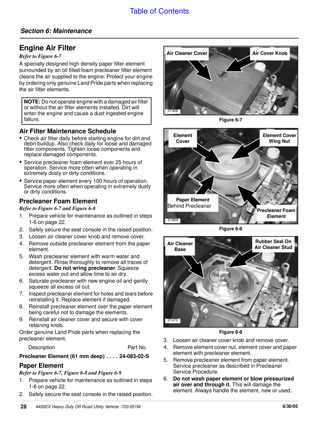 Land Pride 4400ex manual Engine Air Filter, Air Filter Maintenance Schedule, Precleaner Foam Element, Paper Element 