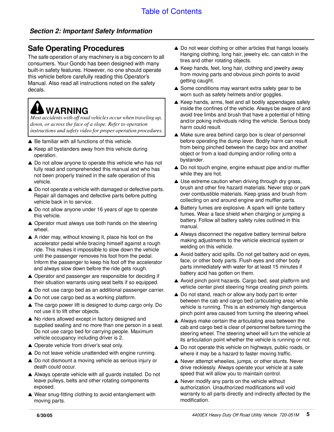 Land Pride 4400ex manual Safe Operating Procedures, Table of Contents, Important Safety Information 