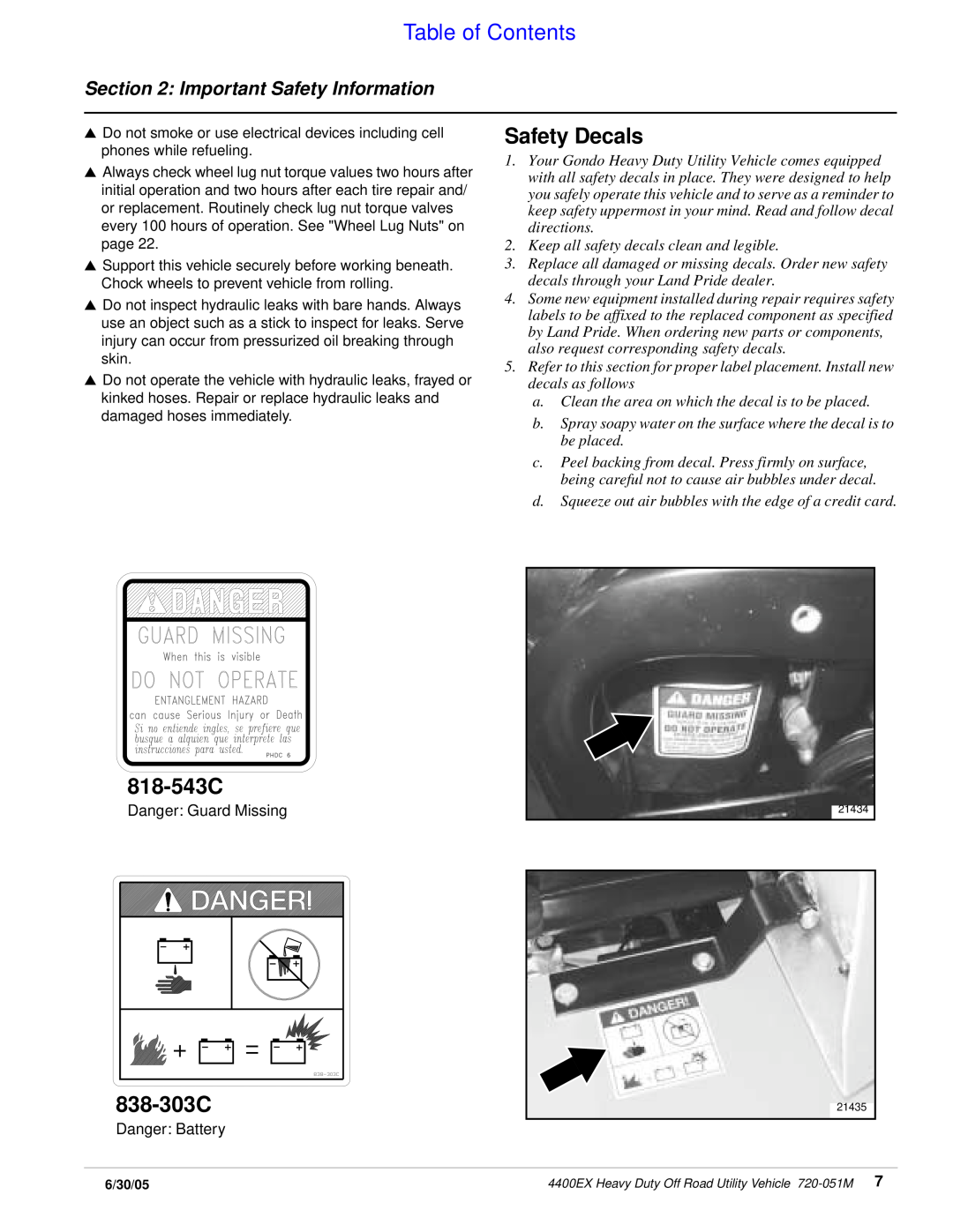 Land Pride 4400ex manual Safety Decals, 818-543C, 838-303C, Table of Contents, Important Safety Information 