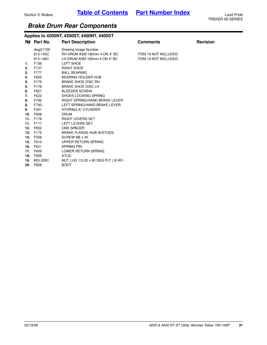 Land Pride 4400ST Item 19 not Included, Left Shoe, Right Shoe, Ball Bearing, Bearing Holder HUB, Brake Shoe Disc RH, Drum 