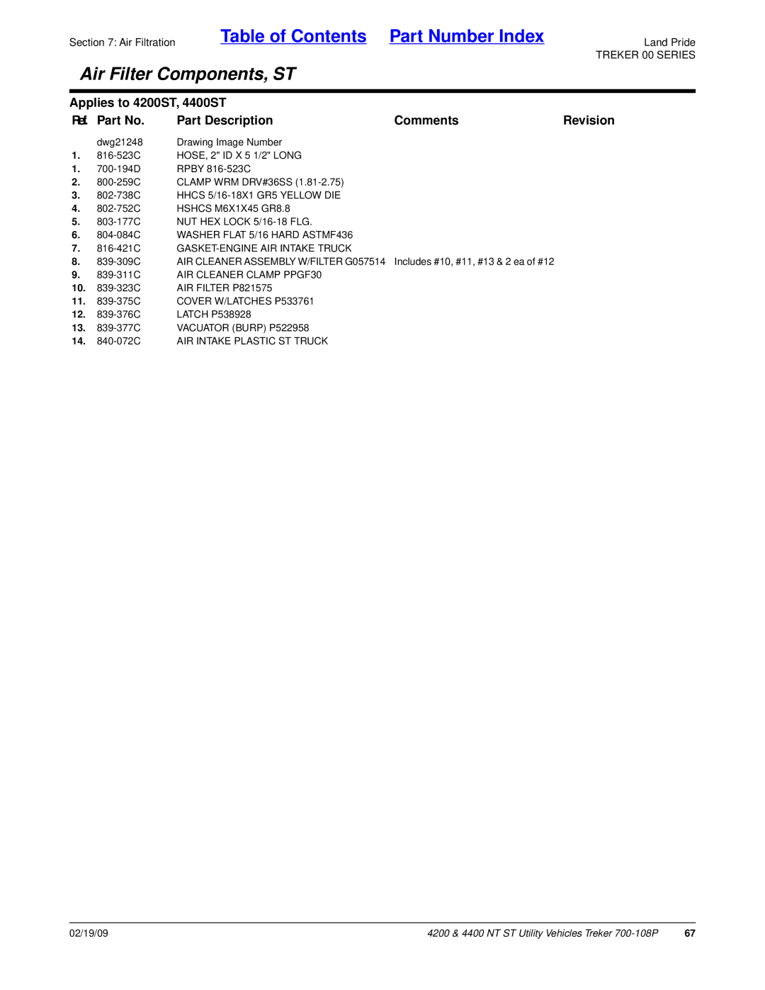 Land Pride 4400ST, 4400NT, 4200ST, 4200NT manual 839-311C AIR Cleaner Clamp PPGF30, 14 -072C AIR Intake Plastic ST Truck 