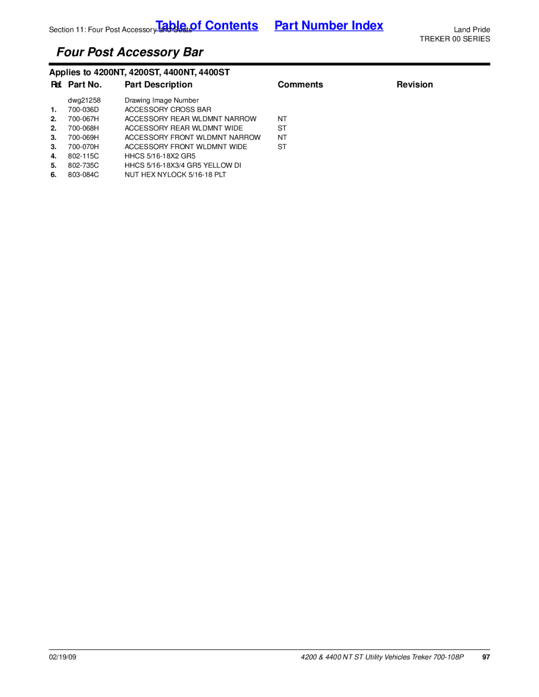 Land Pride 4200ST, 4400NT, 4200NT 700-036D Accessory Cross BAR, Accessory Rear Wldmnt Narrow, Accessory Rear Wldmnt Wide 