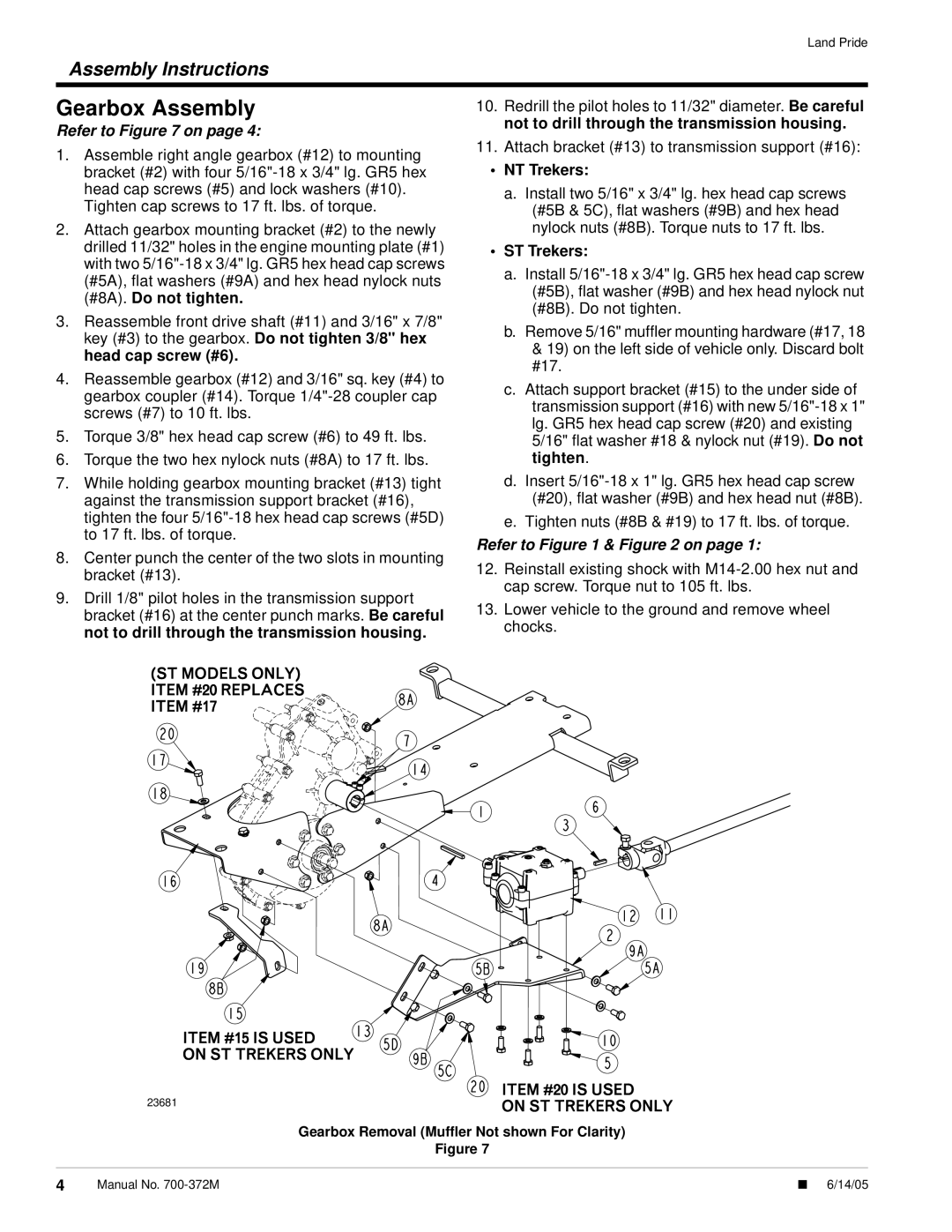 Land Pride 4400NT Gearbox Assembly, Refer to on page, NT Trekers, ST Trekers, Refer to & on page, Assembly Instructions 