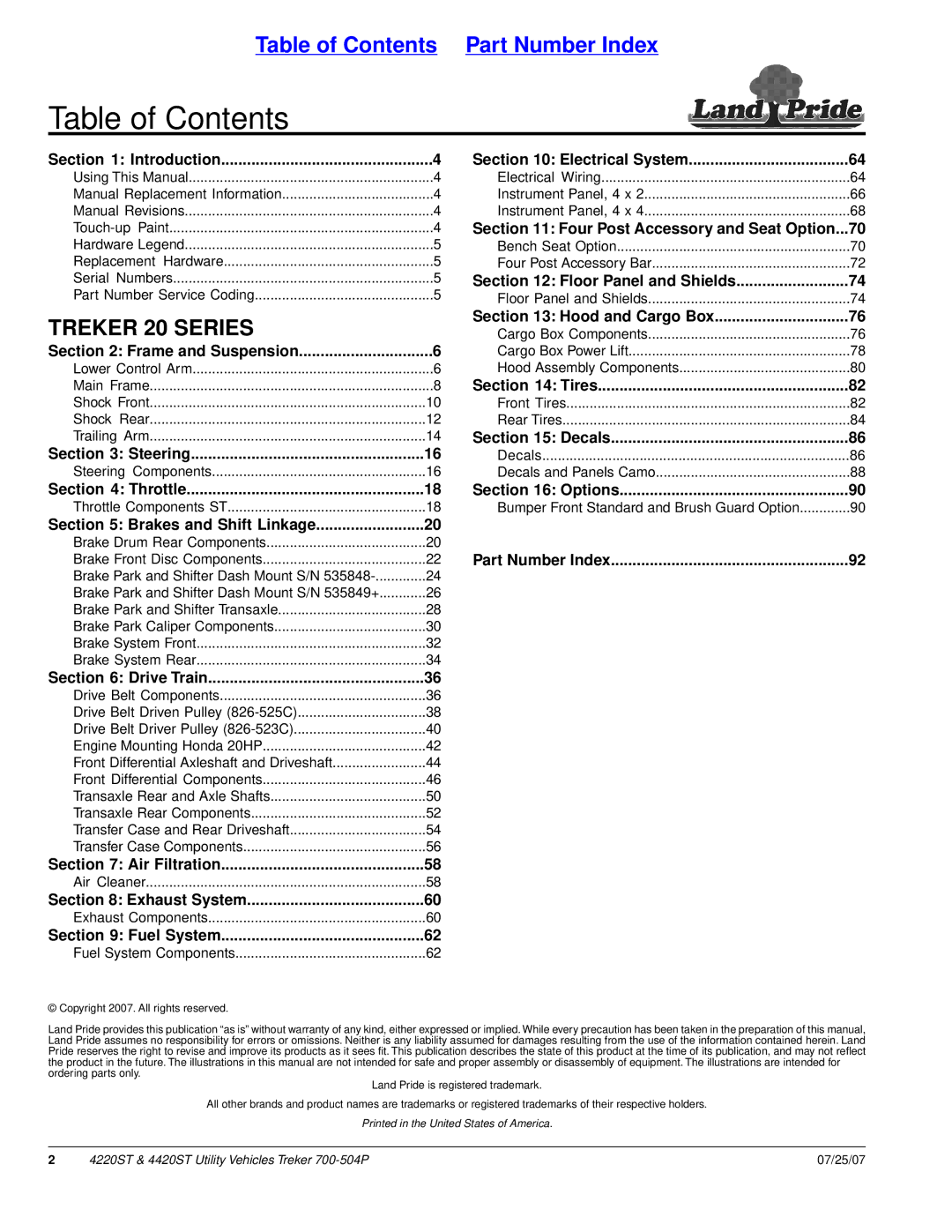 Land Pride 4420ST, 4220ST manual Table of Contents 