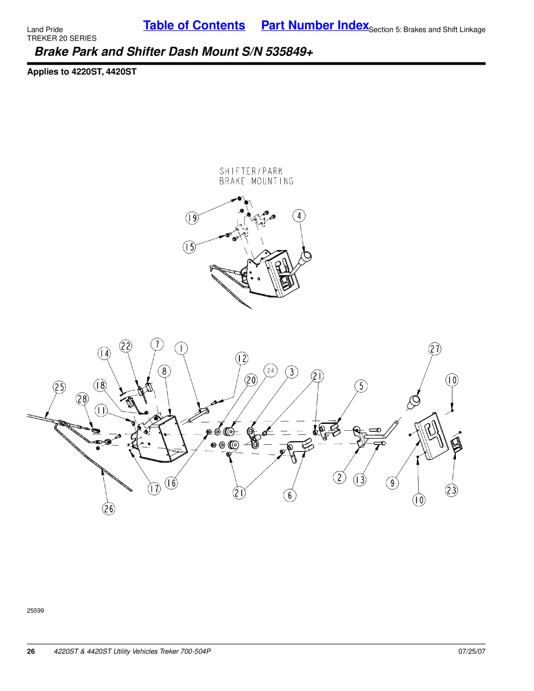 Land Pride 4420ST, 4220ST manual Brake Park and Shifter Dash Mount S/N 535849+ 