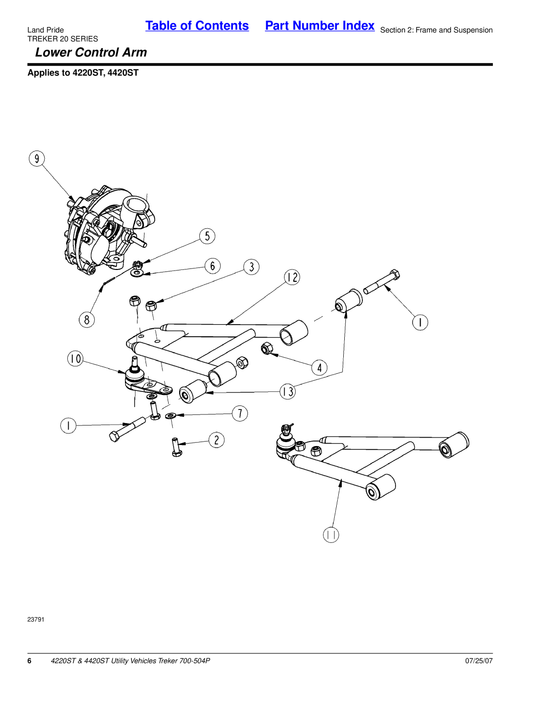 Land Pride 4420ST, 4220ST manual Lower Control Arm, Treker 20 Series 