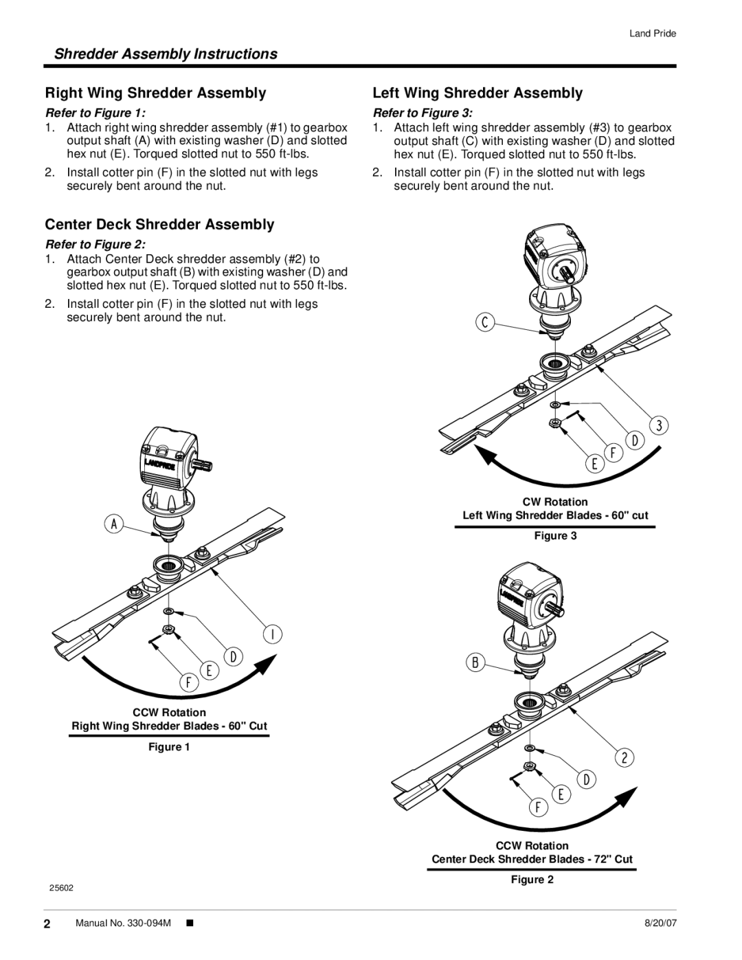 Land Pride 55 Series, 65 Series Right Wing Shredder Assembly, Left Wing Shredder Assembly, Center Deck Shredder Assembly 